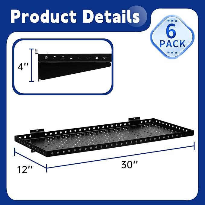 Heavy Duty Slatwall Shelf 30x12Inch, Steel Slatwall Accessories Storage Rack for Garage, Retail, Workshop (6, 30x12Inch)