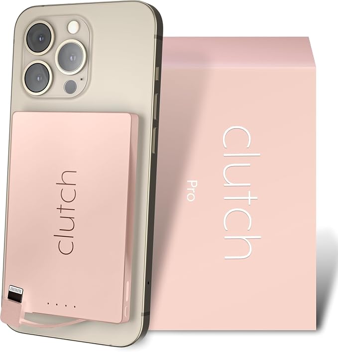 Clutch Pro – World's Thinnest iPhone Charger – Portable Power Bank 5000mAh – Magnetic Built-in Lightning Cable – TSA Approved Travel Charger – iPhone 14 & Earlier – Pink