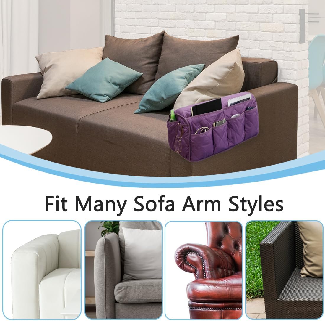 Sofa Armrest Organizer,Couch Remote Control Holder with 14 Pockets Waterproof Non Slip Recliner Organizer for TV Remotes Caddy, Book, Magazines, Ipad (Purple)