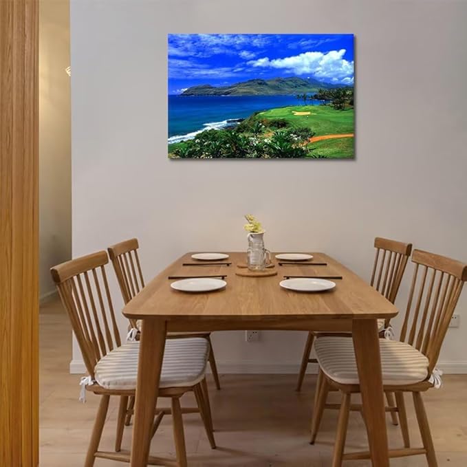 chenchenArt Lagoons Golf Course Wall Art for Living Room Bedroom Bathroom Home Decoration Hawaii Ocean Golf Course Picture Poster Canvas Prints Modern Artwork Framed Ready to Hang(12''H x 16''W)