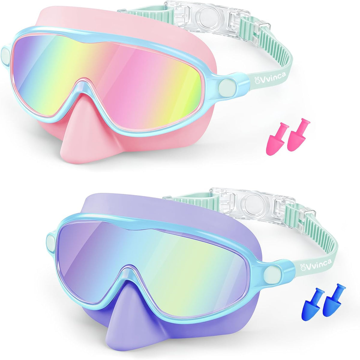 Vvinca Kids Swim Goggles - Anti-Fog UV Protection with Nose Cover | 2 Pack for Ages 3-14