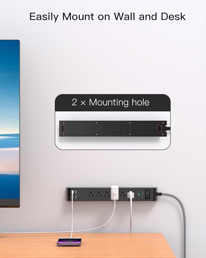 Surge Protector Power Strip - 6 Outlets 4 USB Charging Ports, 5Ft Braided Extension Cord, Flat Plug, Overload Protection, Wall Mount for Home Office, Dorm Room Essentials, Black