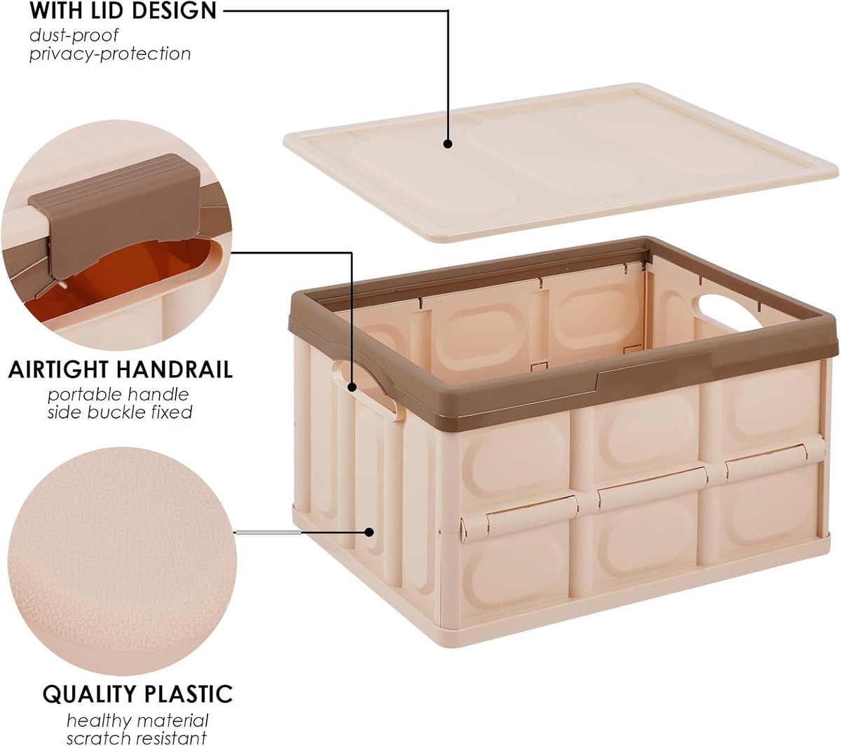 Phyllia Foldable Storage Boxes with Lids, 3-Pack Collapsible Plastic Storage Bins Organizer Containers Baskets Cub with Cover,Stackable Utility Crates Storage Box (Brown, 30L)