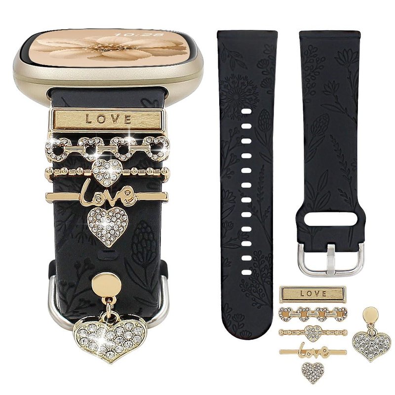 REALSIGN Floral Engraved Band and Decorative Ring Loops Compatible with Fitbit Versa 3/Versa 4/Sense/Sense 2 Bands Women,Stylish Silicone Band with Bling Cute Stud Charms Pendant Strap (Love Gold/Black)