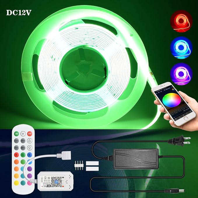 INDARUN RGB COB Led Strip Light 16.4FT/5M, 576Leds/M, 24V Color Changing Led Strip Lights Dimmable with APP Control, Music Sync, Alexa/Google Compatible, Flexible Led Tape Light for Room Decor
