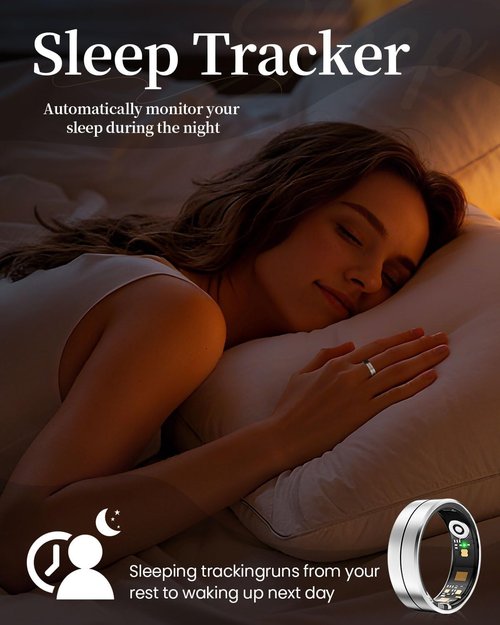 Fvtga Smart Health Ring - Fitness Tracker with Heart Rate & Sleep Monitoring | IP68 Waterproof, Silver, Size 8