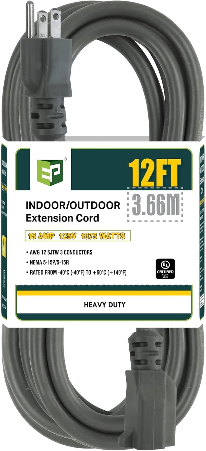 EP 12/3 12 FT Indoor Outdoor Grey Extension Cord Waterproof, 12 Gauge 3 Prong Power Cord Flexible Resistant Appliance Extension Cable Electric Cable Outside, 15A 1875W 12AWG SJTW, ETL Listed
