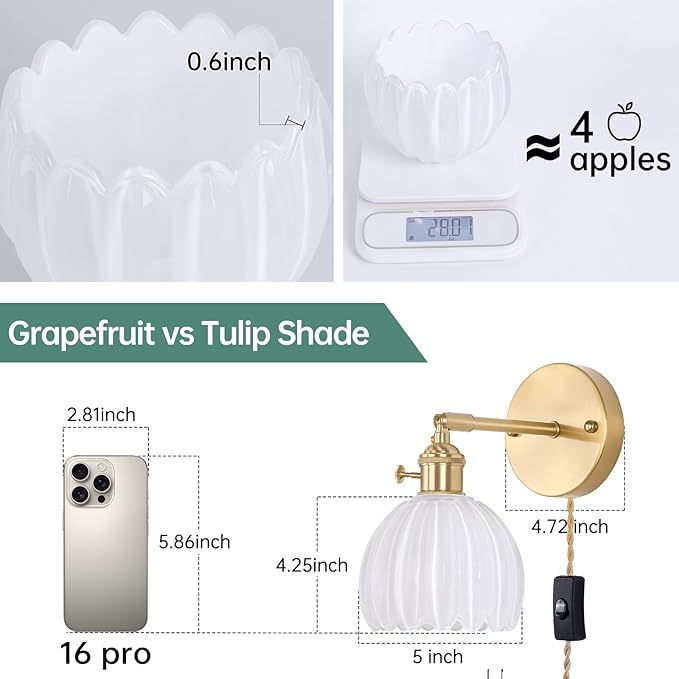 Plug in Wall Sconce, White Tulip Glass Lampshade Wall Light Plugin Corded for Bedside Bedroom Doorway, 2 Pack