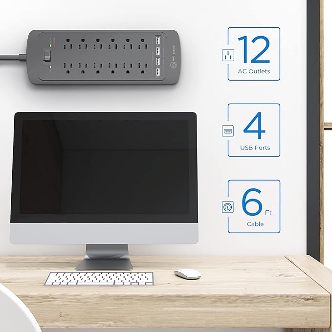 Surge Protector Power Strip - 12 Outlets, 4 USB 3.4A Ports, 6Ft Extension Cord, 1875W/15A, 4360Joules, Wall Mountable, Overload Protection - Ideal for Home & Office Use (Black-3.4A)