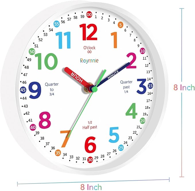 Roymnie Wall Clock for Kids Learning to Tell Time Non Ticking Battery Operated