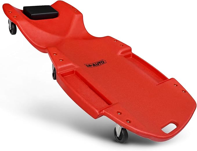 M-AUTO Mechanic Plastic Creeper with Dual Tool Trays, 48" Ergonomic Rolling Garage Shop Creeper with Padded Headrest, 4 Noiseless Casters 350LBS Capacity Red