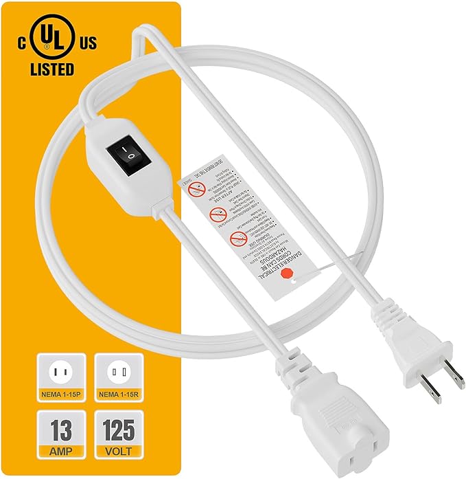 6FT On Off Switch Extension Cord, Plugrand 2-Prong Polarized Extension Cord with On-Off Inline Switch 12A 125V for Your Chargers/Lamp/Power Adapters Etc, 16AWG Cord White