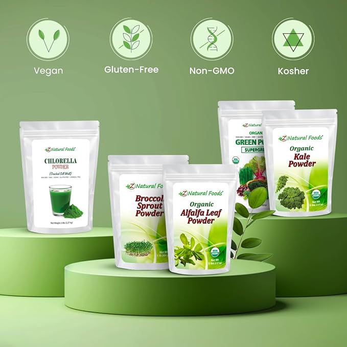 Z Natural Foods Chlorella Powder, Cracked Cell Wall Plant Protein, Blue Green Algae Superfood Powder, Perfect for Smoothies, Drinks, Recipes, Raw, Non GMO, Gluten Free, Vegan, 5 lbs