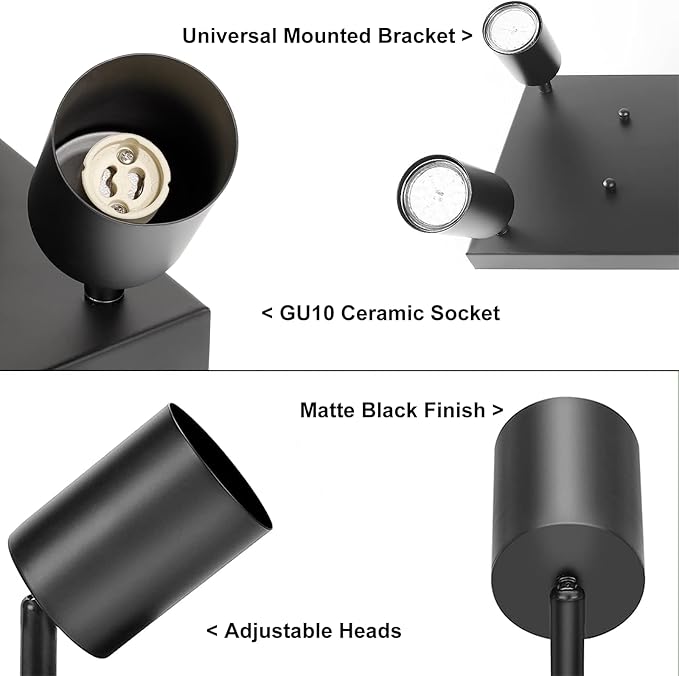Ceiling Spot Lights Indoor: 4 Lights Led Flush Mount Ceiling Light Fixture GU10 Head Modern Black Adjustable Directional Light for Kitchen Bathroom Bedroom Hallway