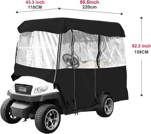 LOVE·FEEL Golf Cart Covers 4 Passenger, 300D High Duty Golf Cart Cover with 6 Zipper, 4-Side Transparent PVC Windows, for EZGO Yamaha Club Cart, with Storage Bag (Black)