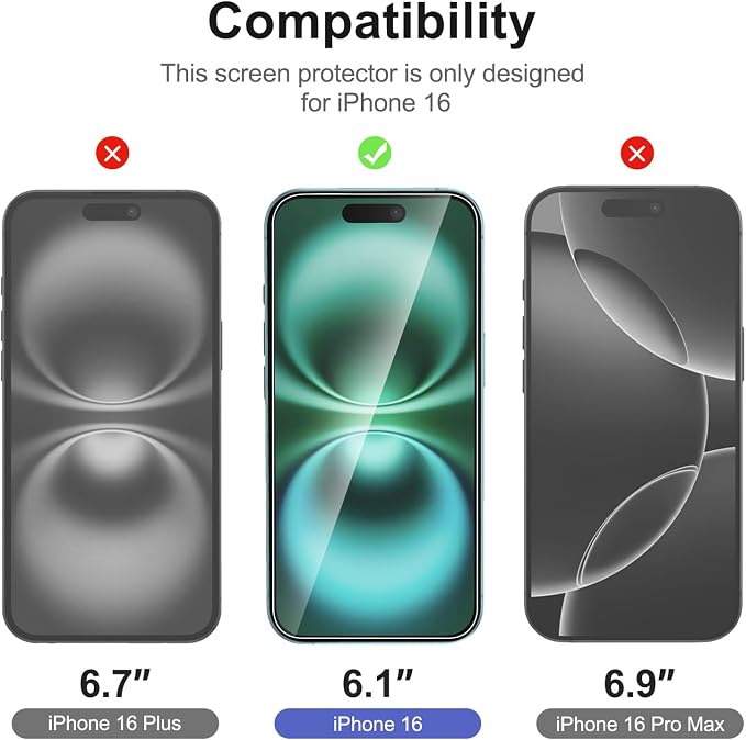 NEW'C 3x for iPhone 16 Screen Protector+ 3x Camera Lens Protector, Sensor