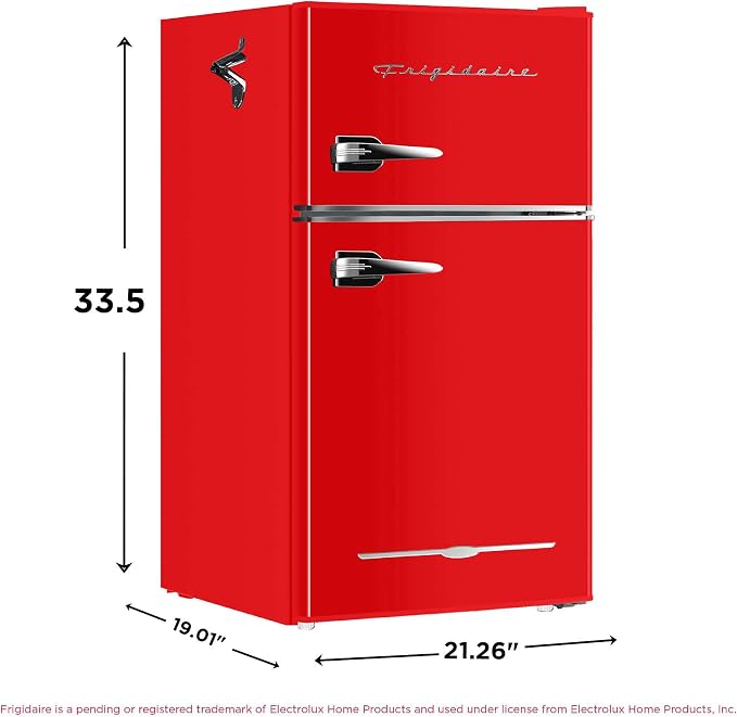 Frigidaire Retro Compact Fridge Freezer Combo, 3.1 cu. ft. Capacity, Small Top Freezer Refrigerator, Mini Fridge with Built-in Bottle Opener – 19”"D x 20.5" W x 33.5" H (Red)