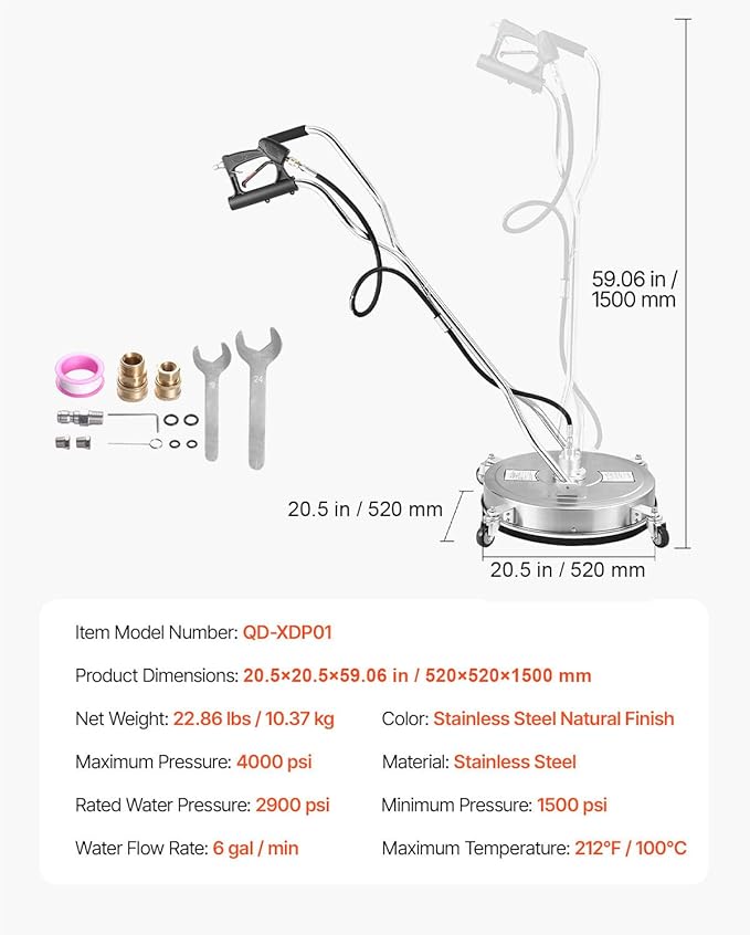 VEVOR 20 Inch Pressure Washer Surface Cleaner, 4000 PSI Stainless Steel Attachment with 4 Wheels, 2 Nozzles, 3/8 Inch Quick Connect and Dual Handle for Concrete, Patio, Sidewalk