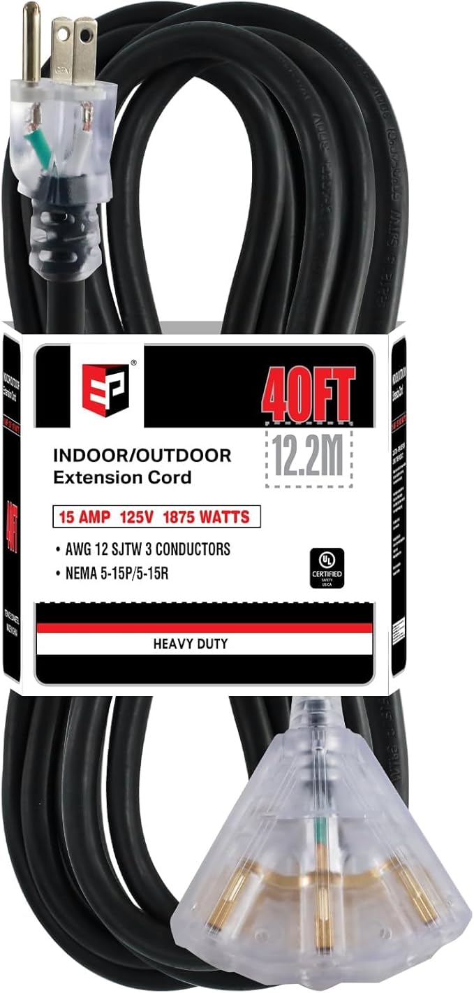 EP 40 Ft 12 Gauge Heavy Duty Extension Cord, 15A 125V 1875W, 3 Outlet Indoor/Outdoor Power Cord with Lighted End, 12/3 SJTW Weatherproof Black