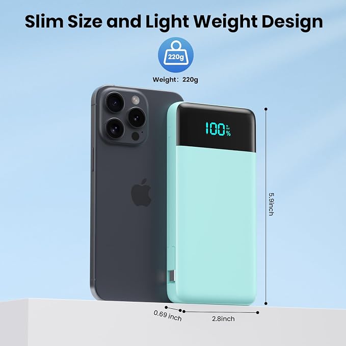 Portable Charger for iPhone with Built-in Cables and Wall Plug,Upgraded 13800mAh Fast Charging USB C Power Bank,4 Outputs Travel Essential Battery Pack for iPhone 17/16/15/14/13,Galaxy,Android-Green