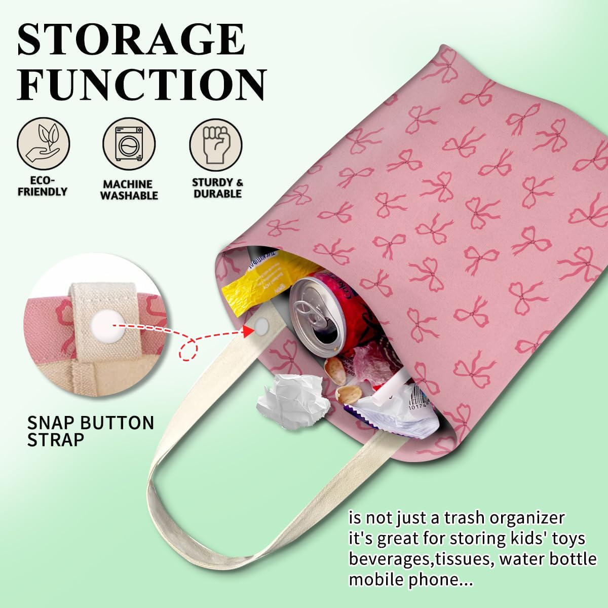 Car Trash Can, Cute Car Trash Bag, Hanging Car Organizer and Storage Bag, Trash Bin for Car Accessories, Vehicle, Travelling, Camping Cute Pink Bow