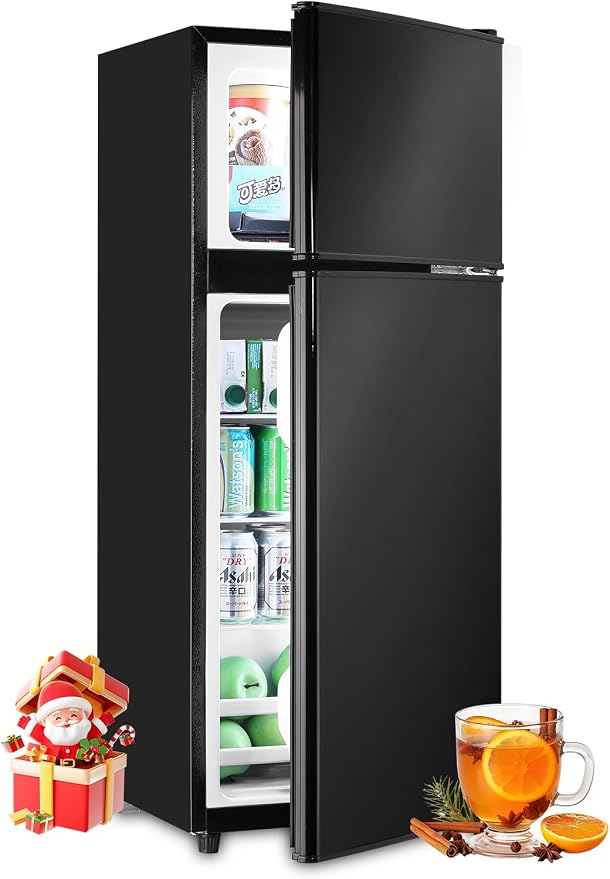 F.W.WOOLWORTHS 3.8 Cu.Ft Refrigerator with Freezer | Compact Fridge with 2 Doors for Office, Kitchen, Dorm and Bedroom, 7 Level Temp Adjustable Thermostat, Black