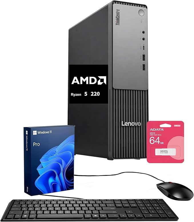 Lenovo ThinkCentre Neo 55s Business SFF Desktop, AMD Ryzen 5 220 (up to 4.9 GHz), 32GB DDR5, 1TB SSD, Support 2-Monitor 4K, HDMI, DP, Wired KB & Mouse, Wi-Fi, Win 11 Pro, 2026 Small PC, w/Bundle