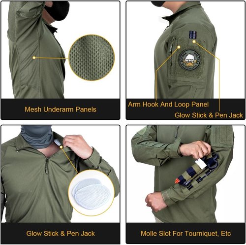 IDOGEAR Men’s Tactical Combat Shirt - Long Sleeve with Elbow Pads & Pockets | Military BDU Apparel