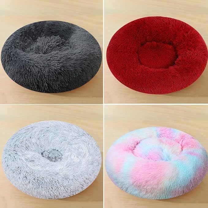 Calming Dog & Cat Bed, 24 Inch Anti-Anxiety Donut Cuddler Cat Bed with Anti-Slip Bottom, Washable Round Fluffy Pet Bed for Small Medium Dogs and Cats (Multi Color)