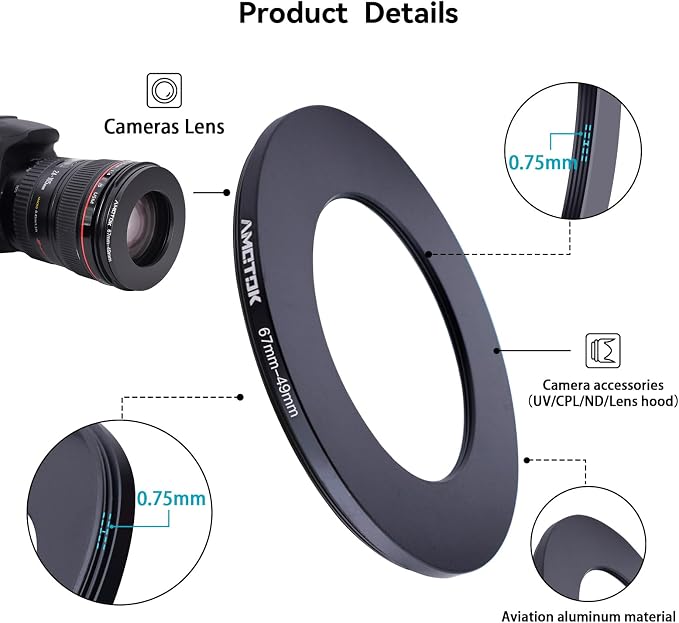 67mm Lens to 49mm Camera Lens Adapter, 67mm-49mm Filter Step-Down Ring