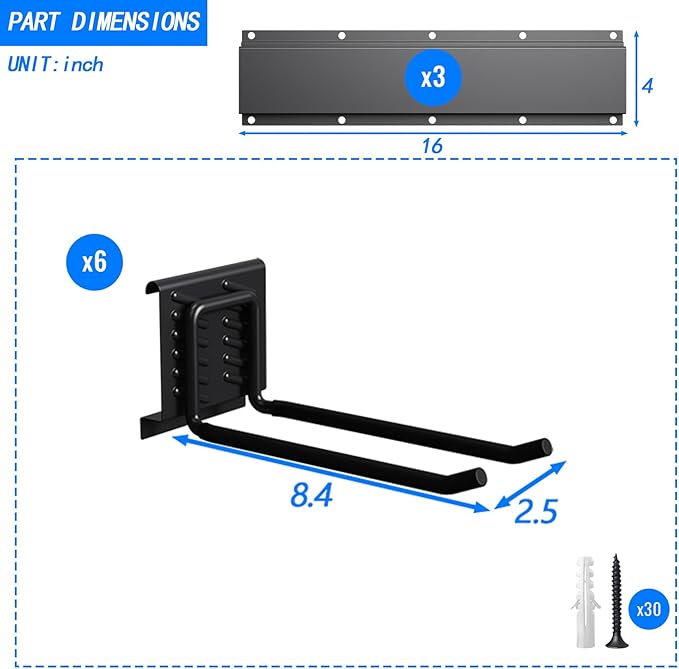 CBWLWJ 48'' Garage Tool Organizer Wall Mount - Heavy Duty 480 lbs Capacity Tool Rack with 6 Adjustable Straight Hooks, Wall Mounted Storage System for Garage, Shed, Workshop (Black)