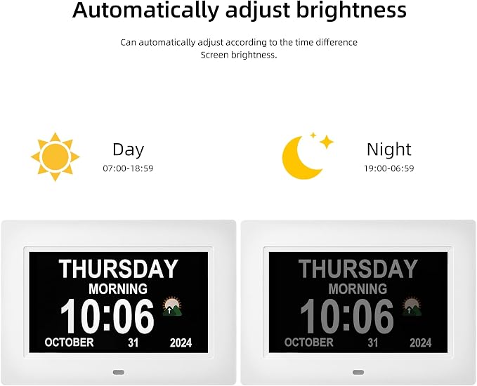 Dementia clock for seniors, 3 main interfaces, automatic dimming, digital
