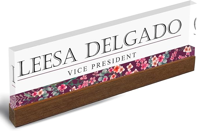 Artblox Personalized Office Desk Name Plate and Business Card Holder | Clear Acrylic Glass with Teak Wood Stand | Wild Flowers Design Customized with Your Name and Credentials Office Desk Décor
