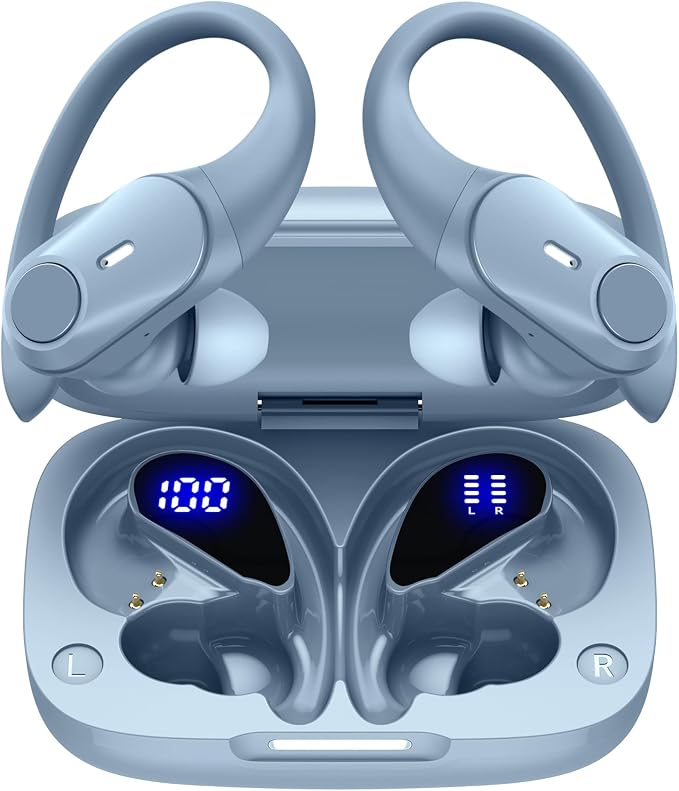 Active Noise Cancelling Ear Buds Wireless Earbuds 80H Playtime Bluetooth Headphones with LED Display Case, Hi-Res Audio Clear Calls Earphones with Over Ear Hooks for Running Gym Workout Sierra Blue