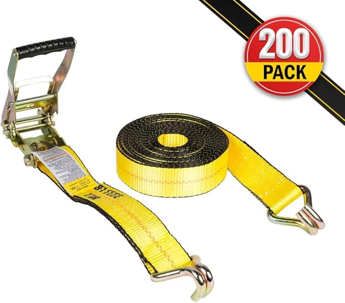 Mytee Products (200 Pack) Ratchet Tie-Down Straps with Wire Hook, 2" x 30' Yellow Ratchet Strap | 10,000 Lbs Breaking Strength | Heavy Duty TieDown Ratchet Straps for Flatbed, Truck, Trailers Pickup