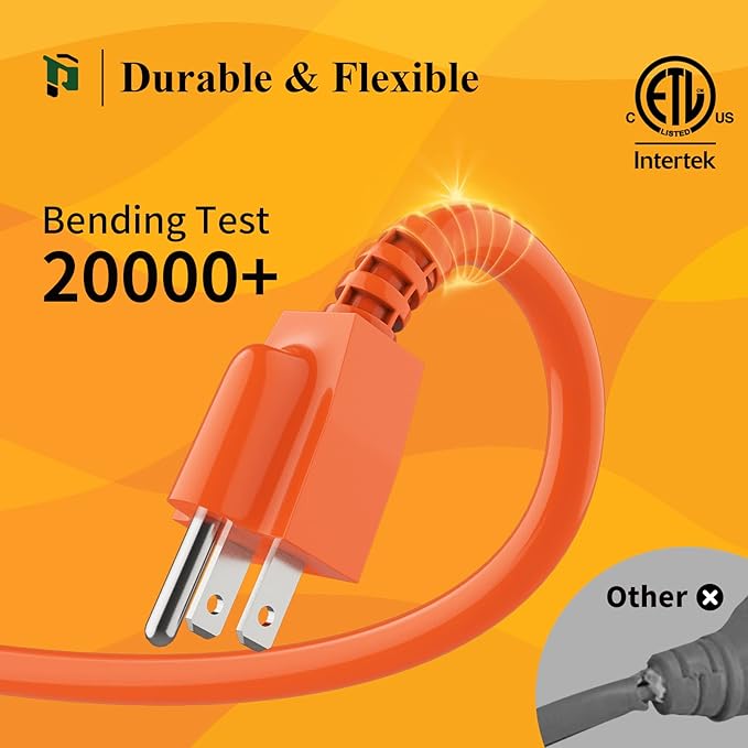Outdoor Extension Cord 10 FT Waterproof, 16/3 Gauge Heavy Duty 3 Prong Extension Cord, 13A 1625W SJTW, ETL Listed, Great for Garden and Home, Orange