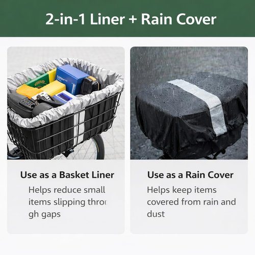 ANZOME Bike Basket Liner & Waterproof Rain Cover (2-in-1), Bicycle Basket Insert with Reflective Strip & Adjustable Cargo Net (12" Stretches to 24") - Fits Most Front/Rear Baskets