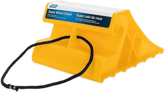 Camco Super Wheel Chock w/Rope - Large, Heavy Duty Trailer Wheel Chock Constructed of Durable Plastic - Features Rope Handle for Easy Removal - Use w/Tires Up to 29-inches – 44475
