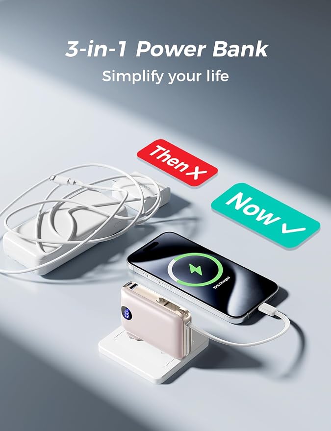 Portable Charger with Built-in Cables & Wall Plug, 10000mAh Power Bank, 4 Outputs 22.5W USB C Fast Charging, Slim Travel Battery Pack with LED Display for iPhone 17/16/15/14, Rosegold