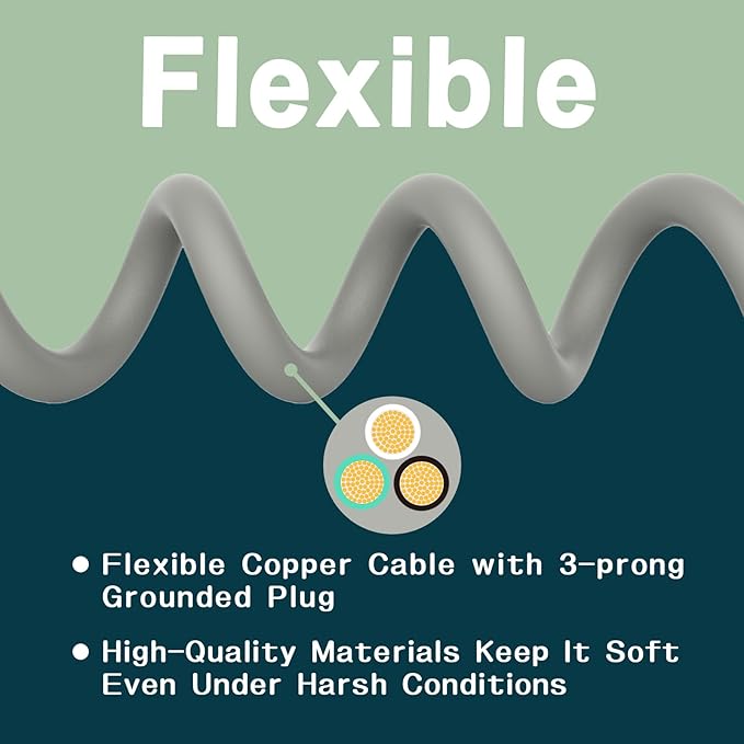 Indoor Outdoor Extension Cord 10 FT, 16/3 SJTW Weatherproof Grey Electrical Cords, 13 AMP Heavy Duty 3 Prong Power Cable Great for Garden, Landscaping & Holiday Decorations