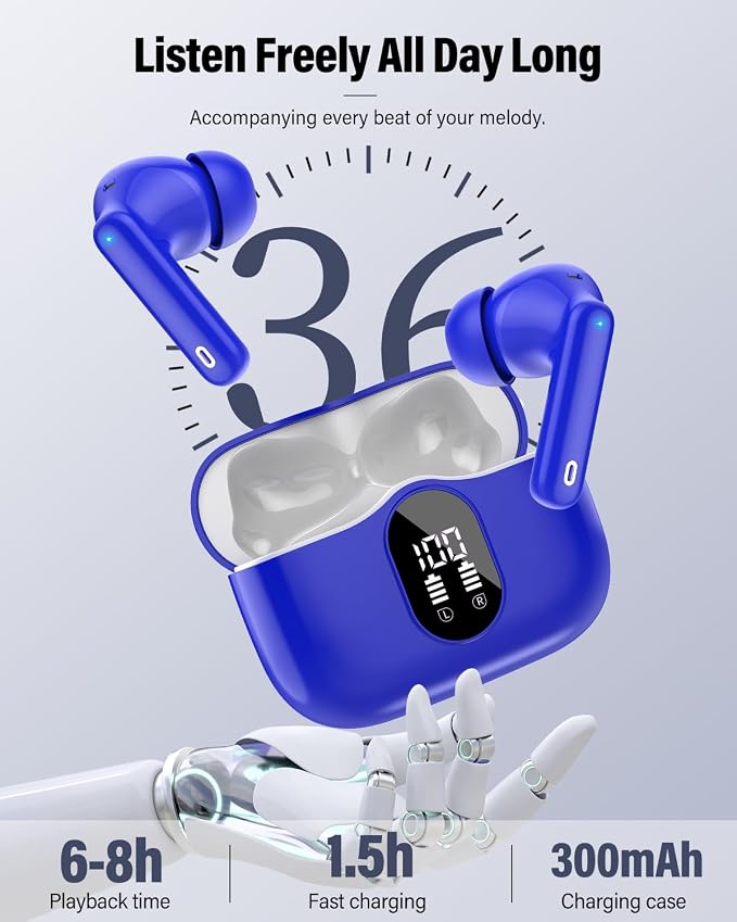 Wireless Earbuds, Bluetooth 5.4 Headphones Bass Stereo/Clear Calls, Blue | Ear Buds with Noise Cancelling Mic LED Display in Ear Earphones IP7 Waterproof 36H Bluetooth Earbuds for Phones/Sport/Laptop