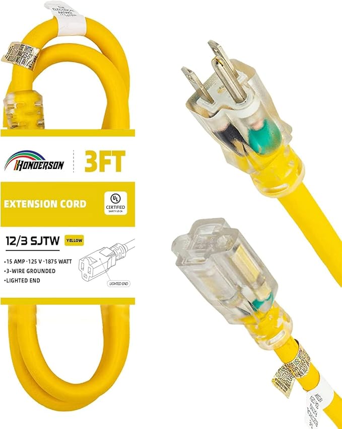 Extension Cord Weatherproof with Lighted End, UL Listed, 12 Gauge 3FT Yellow 3 Prong Heavy Duty, 12/3 SJTW 15A Power Cord for Lights, Lawn