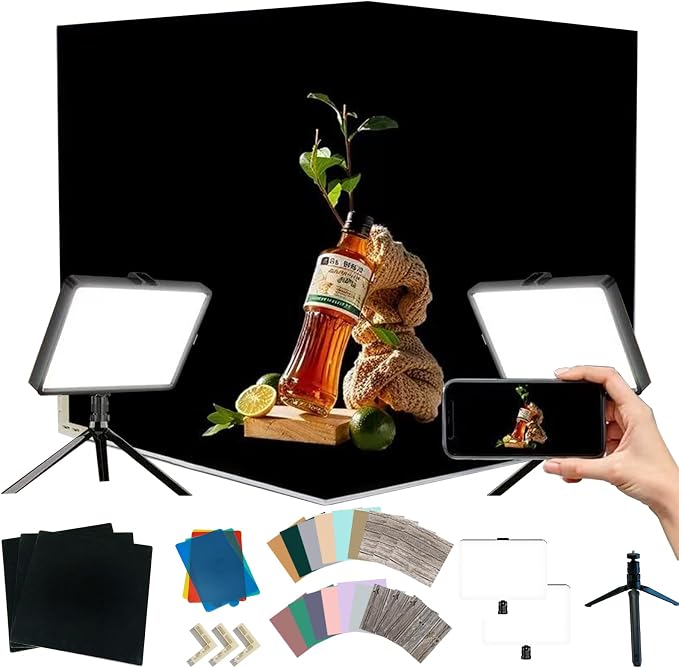 Photo Backdrop Board with 2 LED Lighting Shooting Kit, Anti-Glare Black Flocked