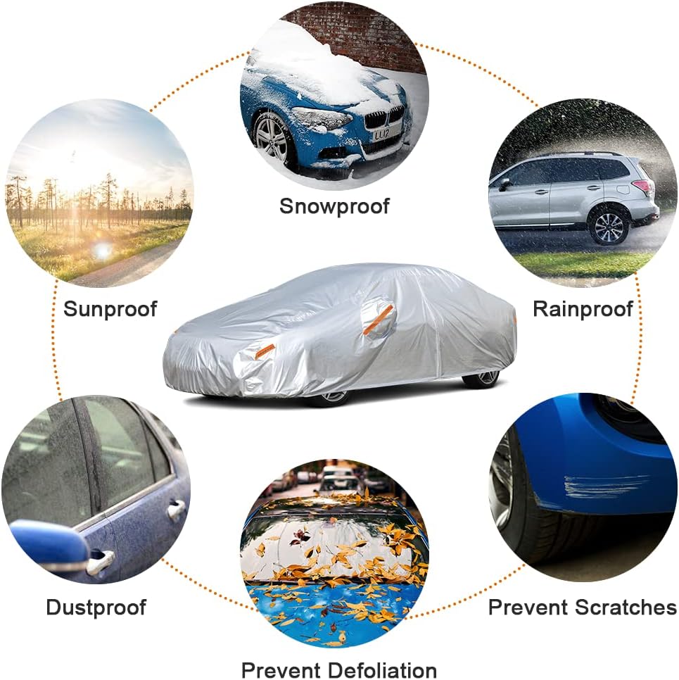 Kayme Car Covers for Automobiles Waterproof All Weather Sun Uv Rain Protection with Zipper Mirror Pocket Fit Dodge Charger/Challenger, Lincoln Mkz/Mks/Continental,Cadillac etc.(194 to 208 Inch) 3XXL