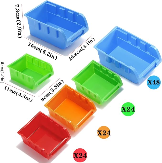 Wall Mounted Storage Bins Parts Rack 4 Colors Garage Plastic Shop Tool Organizer, ABS Plastic Garage Rack, Screw Storage 120 Bins