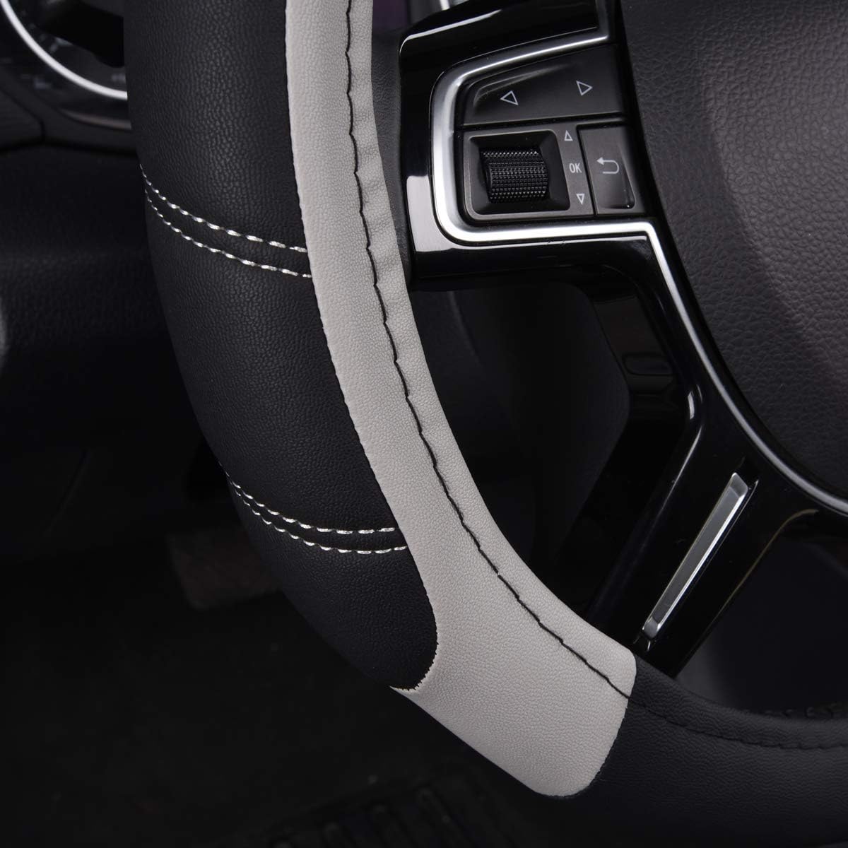CAR PASS Line Rider Microfiber Leather Sporty Steering Wheel Cover Universal Fits for 95% Truck,SUV,Cars,14.5-15inch Anti-Slip Safety Comfortable Desgin (Black-Gray)