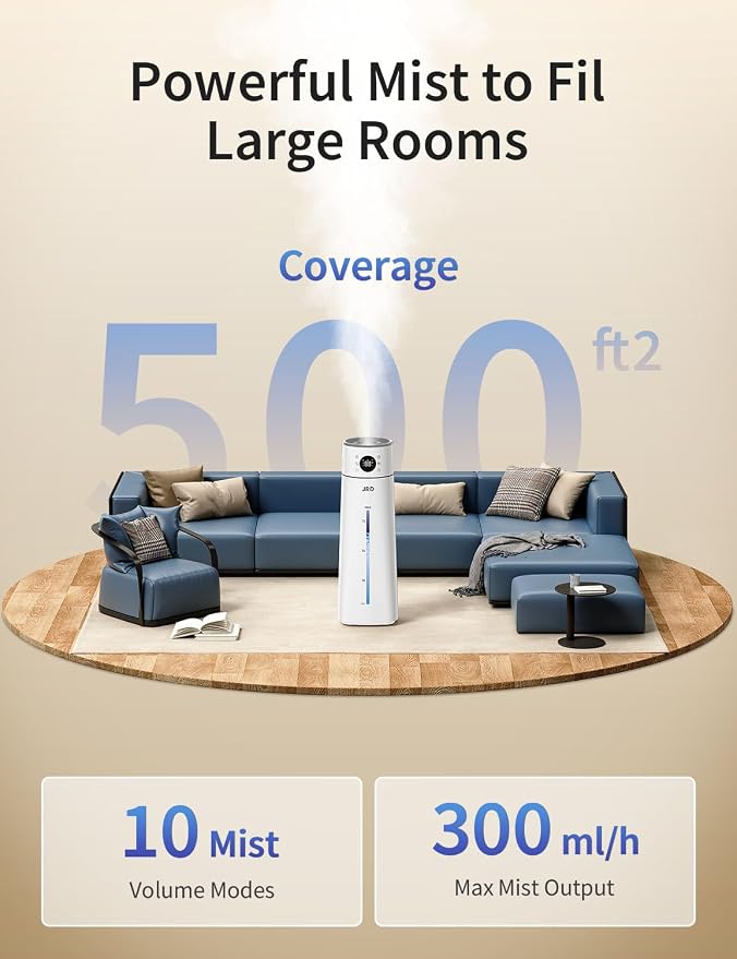 JRD Humidifier Large Room 8L/ 2.1Gal, Ultrasonic Cool Mist for Bedroom, Quiet Humidifier with Remote Control, 10 Mist Modes, 24H Timer, Night Light, AI Mode, 40H Run for Home Office（Grey）
