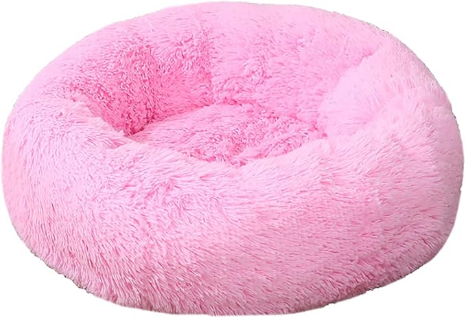 Calming Faux Fur Dog Beds Calming Donut Cuddler Dog Bed Washable Round Cat Bed Pillow Cuddler Fluffy Indoor Dog Calming Beds with Anti Slip Bottom Solid Color Pink 39 Inch