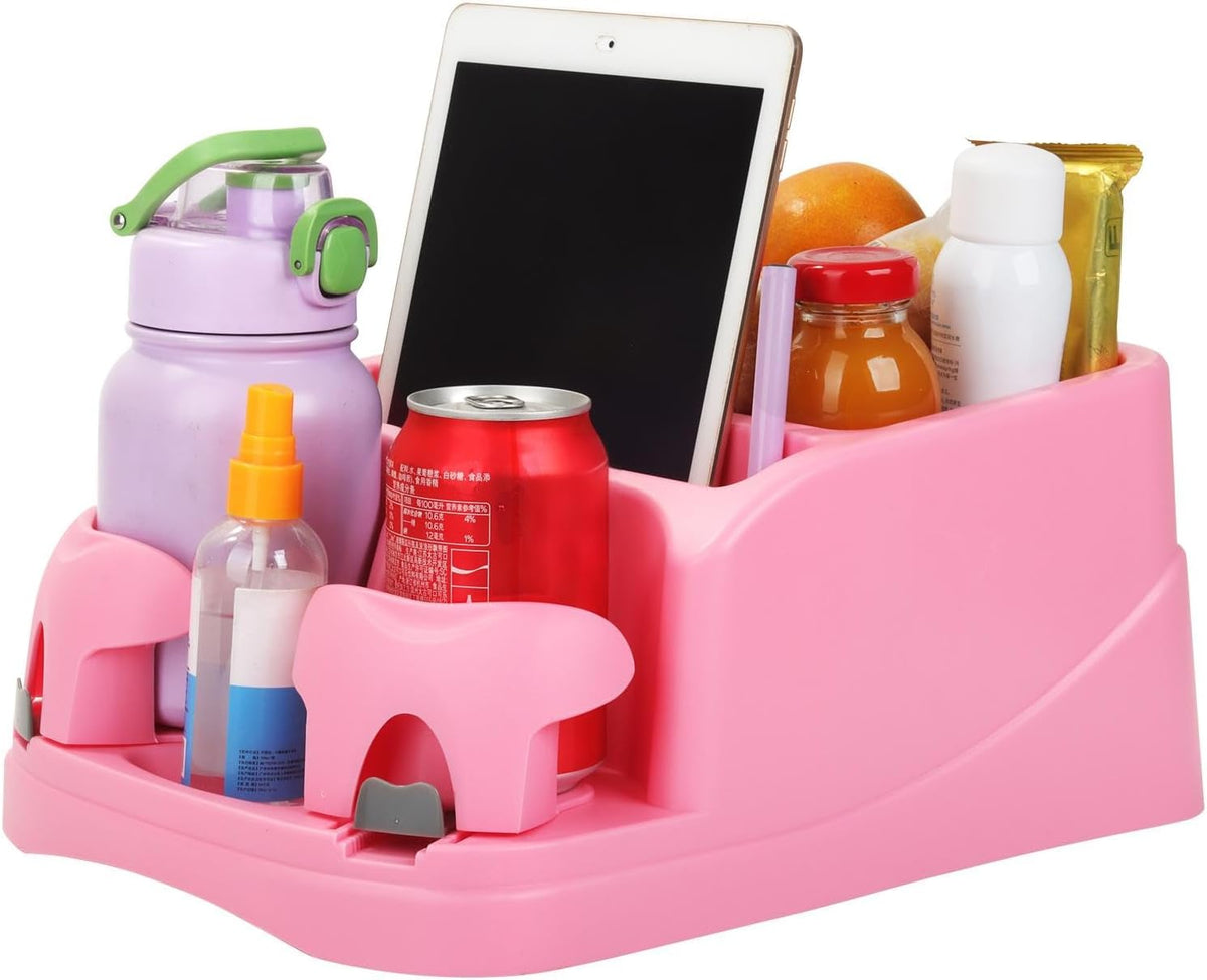 Large Size Plastic Console for Cars, Trucks, Minivans, SUVs with 2 Adjustable Drink Cup Holders Pad Book Holder, Back Bench and Front Seat or Floor Middle Console Universal Vehicle Organizer Pink