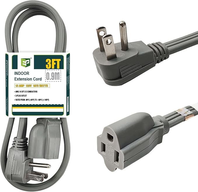 EP 3 Ft Heavy Duty Appliance Extension Cord - 14 Gauge 3 Prong Grounded Cable Wire, Ideal for Air Conditioners, Refrigerators, Microwaves, Washing Machines & More - Indoor Use, Gray